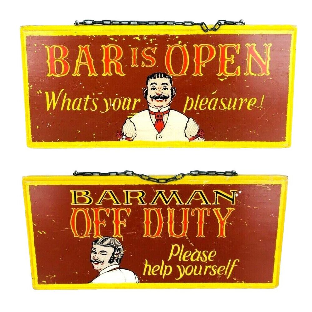 Vintage Wood Sign Double-Sided Barman Open and Closed Mancave Bar Wall Hanging